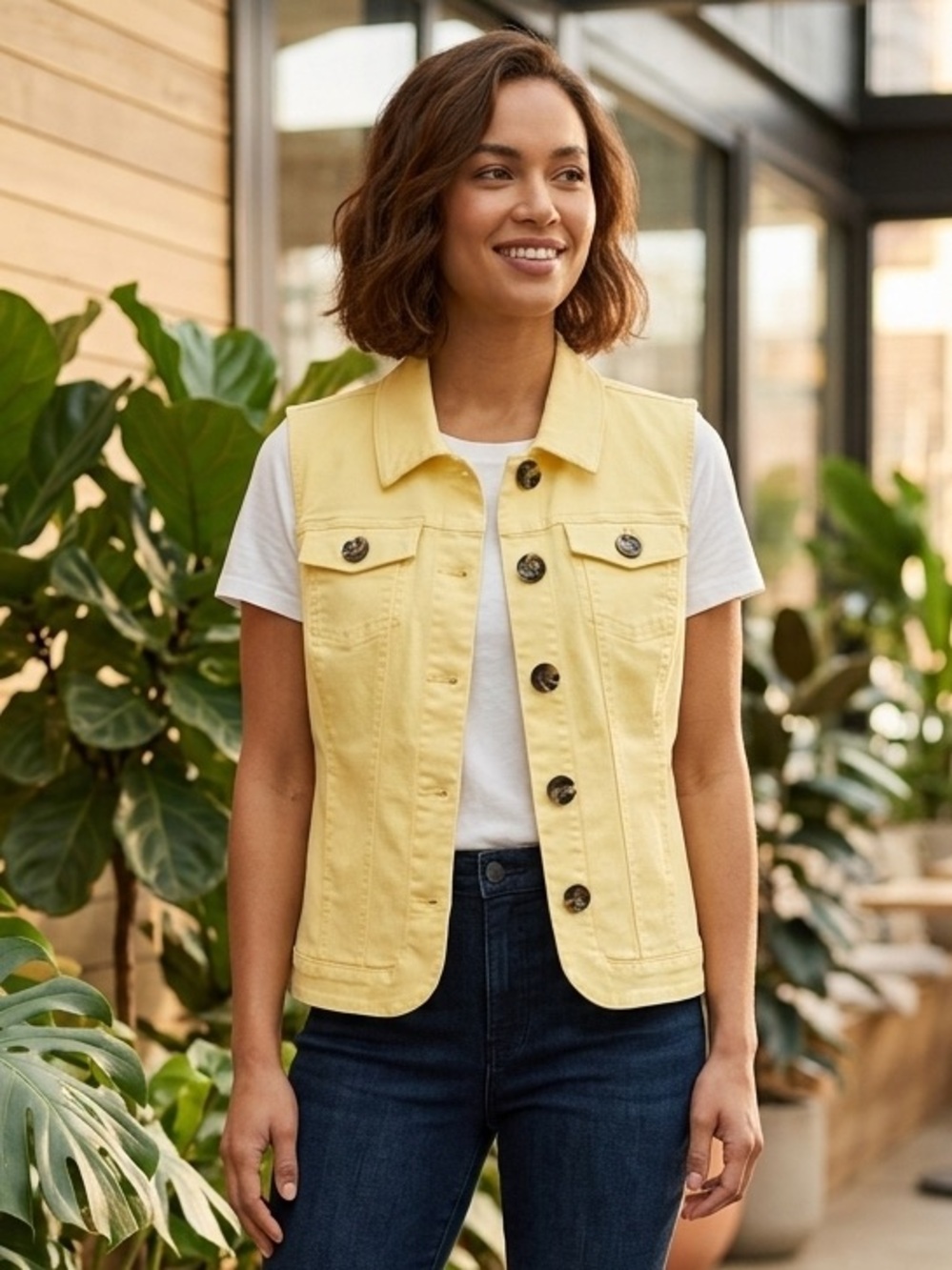Take 50% OFF- Christopher & Banks Yellow Sleeveless Button-Front Vest, Size-L